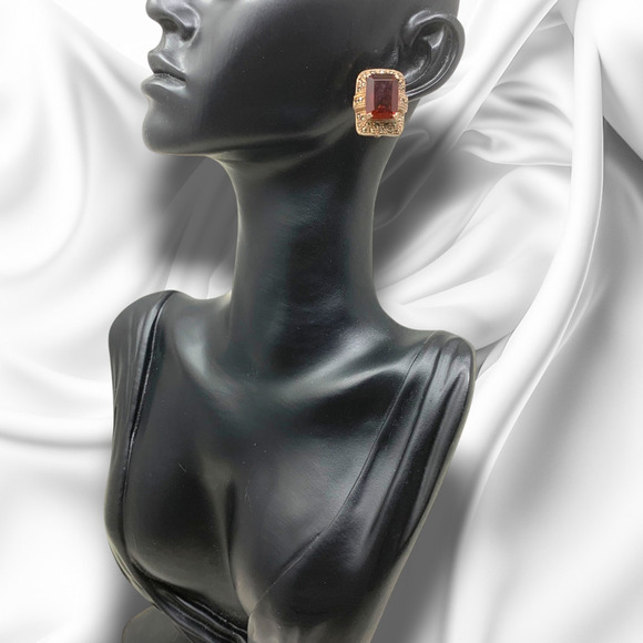 Vintage Art Deco Marcasite Silver 925 Emerald Cut Red Crystal Earrings Clip On - Picture 3 of 5